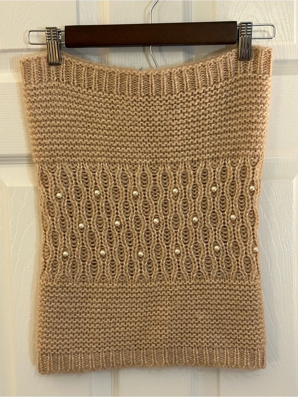 Betsey Johnson Knit Infinity Scarf Pearl Embellished Beige Oatmeal One Size